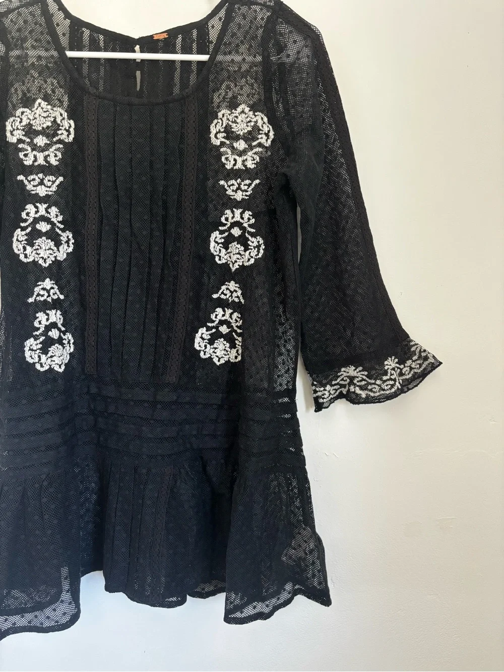 FREE PEOPLE Black Jocelyn Pleated Dot Ruffle lace Tunic Size S